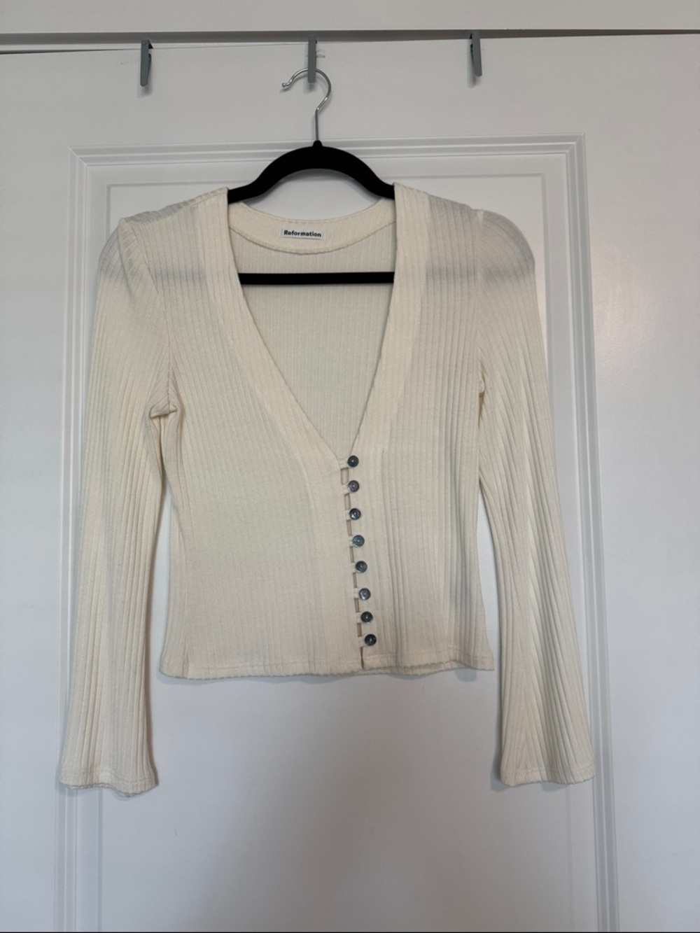 Reformation Cream Ribbed V-Neck Button-Front Long Sleeve Top